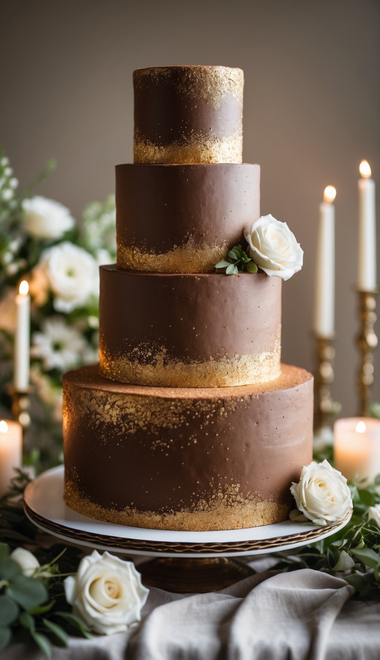 A multi-tiered chocolate wedding cake decorated with gold dust accents, surrounded by flowers and greenery.